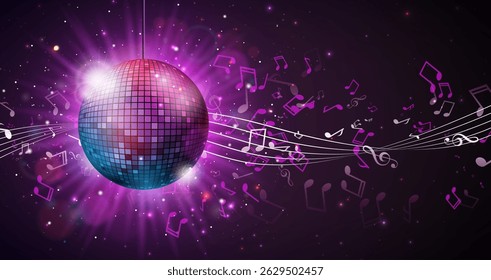 Party Celebration Illustration with Shiny Disco Ball with Reflective Surface and Flying Musical Notes on Bright Night Background. Vector Festival Design for Banner, Flyer, Greeting Card, Invitation or