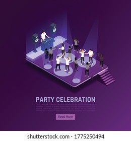 Party celebration isometric background with editable text read more button and view of dancefloor with dj vector illustration