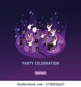 Party celebration isometric background with human characters in dancefloor spot lights with button and editable text vector illustration
