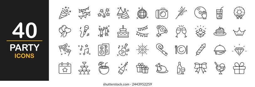 Party. Celebration, line icons. Included the icons as celebration, anniversary, party, congratulation, cake, gift, confetti, cocktail, guitar, balloon, firework party, disco ball and more