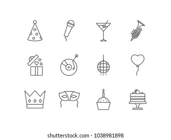 Party and celebration line icons set with cone hat, karaoke, cocktail, music, gift, vinyl, mirror ball, balloon, crown, mask, cupcake, cake.
