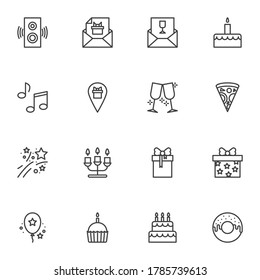 Party celebration line icons set, outline vector symbol collection, linear style pictogram pack. Signs, logo illustration. Set includes icons as birthday cake, clinking glasses, invitation, gift box