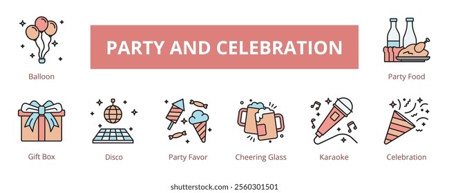 Party and Celebration Lineal Color Banner Web Icon Set Vector Illustration