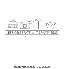 Party and celebration linear icons with tag line on white background.