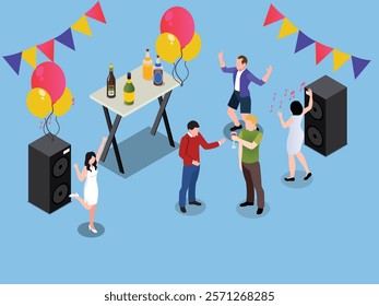 Party Celebration with Music, Drinks, and Dancing in a Festive Setting 3d isometric vector illustration
