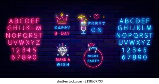 Party and celebration neon signs collection. Blue and pink light alphabet. Happy birthday and night party. Crown and diamond. Celebration design set on brick wall. Vector stock illustration