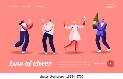 Party Celebration, New Year or Birthday Landing Page Template. Cheerful Drunk People in Festive Dresses with Wineglasses in Hands Drink Champagne, Celebrating Holiday. Cartoon Vector Illustration