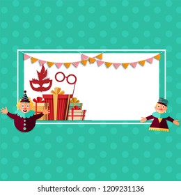 Party celebration poster or banner design with gift boxes, props and funny jesters on green polka dot background with space for your text.