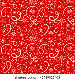 Party celebration red background with curly ribbons confetti and stars, seamless vector pattern, design for wrapping paper, wallpaper, decorative background.