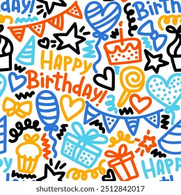 Party celebration repeating background. Vector black and white seamless pattern with cute happy Birthday design elements. Doodle holiday digital paper with line presents, cake, balloons