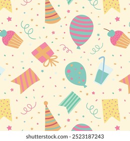 Party celebration repeating background. Vector seamless pattern with cute happy Birthday design elements. Doodle holiday digital paper with line presents, cake, balloons