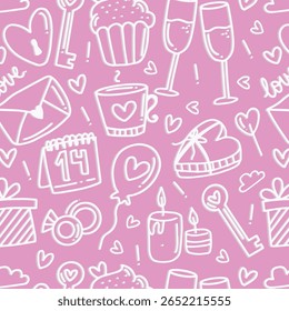 Party-Feier wiederholt Hintergrund. Vektor nahtloses Muster mit niedlichen Party-Design-Elemente. Doodle Urlaub digitales Papier mit Linie Geschenke, Kuchen, Ballons
