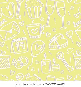 Party celebration repeating background. Vector seamless pattern with cute party design elements. Doodle holiday digital paper with line presents, cake, balloons