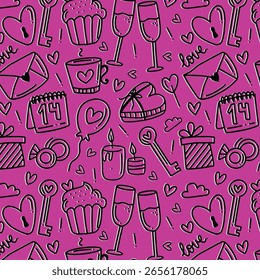 Festa comemoração repetindo fundo. Vetor padrão sem emenda com elementos de design de festa bonito. Doodle papel digital de férias com presentes de linha, bolo, balões