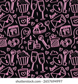 Party celebration repeating background. Vector seamless pattern with cute party design elements. Doodle holiday digital paper with line presents, cake, balloons