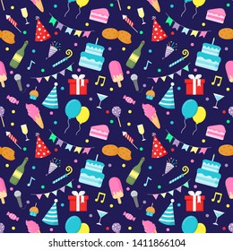 party celebration seamless pattern. birthday icons. carnival festive items on blue background. vector Illustration.