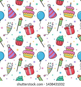 party celebration seamless pattern. birthday icons. carnival festive items on white background. vector Illustration.