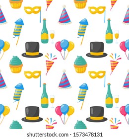 party celebration seamless pattern. birthday icons. carnival festive items on white background. vector Illustration.