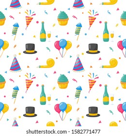 party celebration seamless pattern. birthday icons. carnival festive items on white background. vector Illustration.