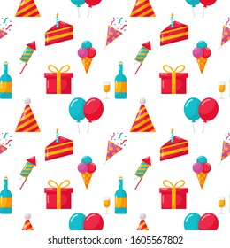 party celebration seamless pattern. birthday icons. carnival festive items on white background. vector Illustration.