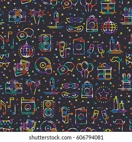 Party celebration seamless pattern. Birthday holidays event carnival festive. Party decor elements thin icons. Colorful vector illustration. Line background. Texture. Mask gifts cake cocktail firework