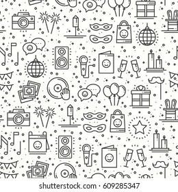 Party celebration seamless pattern. Birthday, holidays, event, carnival festive. Party decor elements thin icons. Vector illustration. Line background. Texture. Mask gifts cake cocktail firework