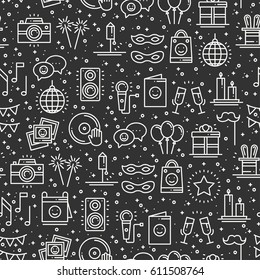 Party celebration seamless pattern. Birthday, holidays, event, carnival festive. Party decor elements thin icons. Vector illustration. Line background. Texture. Mask gifts cake cocktail firework