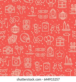 Party celebration seamless pattern. Birthday, holidays, event, carnival festive. Party decor elements thin icons. Vector illustration. Line background. Texture. Mask gifts cake cocktail firework