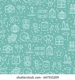 Party celebration seamless pattern. Birthday, holidays, event, carnival festive. Party decor elements thin icons. Vector illustration. Line background. Texture. Mask gifts cake cocktail firework