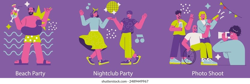 Party celebration set. Beach gathering, nightclub dance, and casual photo shoot moments. Joyful characters enjoying different festive events. Vector illustration.