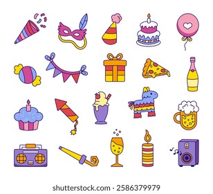 Party celebration set with cute object outline illustration clipart featuring festive decorations, delicious desserts, balloon, mask, exciting gift, lively music and party hat