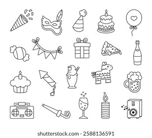Party celebration set with cute object outline illustration clipart featuring festive decorations, delicious desserts, balloon, mask, exciting gift, lively music and party hat