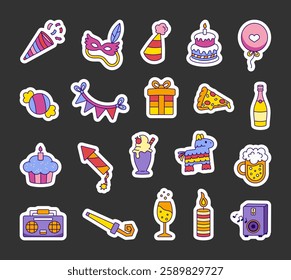 Party celebration set with cute object outline illustration clipart featuring festive decorations, delicious desserts, balloon, mask, exciting gift, lively music and party hat