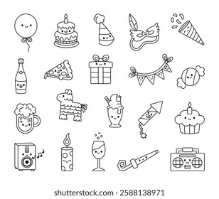 Party celebration set featuring cute kawaii cartoon character, festive decorations, delicious food, refreshing drinks, tasty cupcake, lively music, elegant champagne.