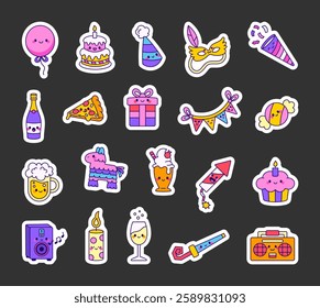 Party celebration set featuring cute kawaii cartoon character, festive decorations, delicious food, refreshing drinks, tasty cupcake, lively music, elegant champagne.