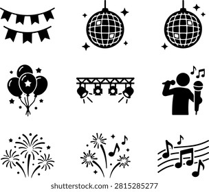 Party and celebration silhouette icon set with disco ball, balloons, fireworks, stage lights, singer, and musical notes