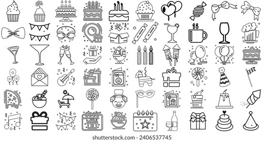 Party celebration thin line icons set. Birthday, holidays, event, carnival festive. Basic party elements icons collection.Party line icons. Editable stroke. 
