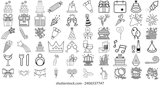 Party celebration thin line icons set. Birthday, holidays, event, carnival festive. Basic party elements icons collection.Party line icons. Editable stroke. 
