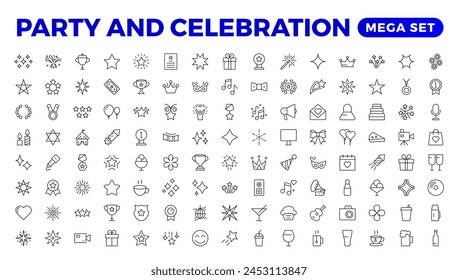 Party celebration thin line icons set. Birthdays, holidays, events, festive. Basic party elements collection. Vector simple linear design bundle of thirty happy birthday flat style and lettering.