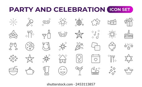 Party celebration thin line icons set. Birthdays, holidays, events, festive. Basic party elements collection. Vector simple linear design bundle of thirty happy birthday flat style and lettering.