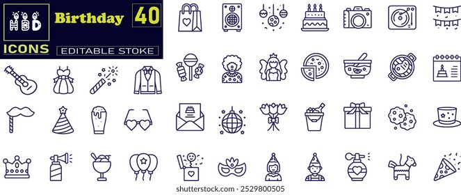 Party celebration thin line icons set. Birthday, holidays, event, carnival festive.