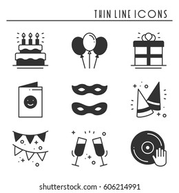 Party celebration thin line icons set. Birthday, holidays, event, carnival festive. Basic party elements icons collection. Vector simple linear design. Illustration. Symbols. Mask gifts cake