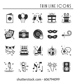 Party celebration thin line icons set. Birthday, holidays, event, carnival festive. Party elements icons collection. Vector silhouette linear design. Illustration. Symbols. Mask gifts cake