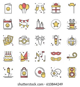 Party Celebration Thin Line Icons Set. Birthday, Holidays, Event, Carnival Festive. Basic Party Elements Icons Collection. Vector Simple Linear Design. Illustration. Symbols. Mask Gifts Cake