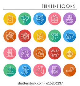 Party celebration thin line icons set. Birthday, holidays, event, carnival festive. Basic party elements icons collection. Vector simple linear design. Illustration. Symbols. Mask gifts cake