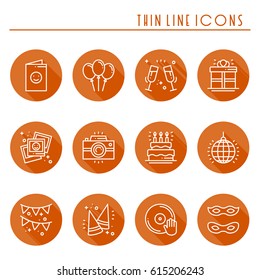 Party celebration thin line icons set. Birthday, holidays, event, carnival festive. Basic party elements icons collection. Vector simple linear design. Illustration. Symbols. Mask gifts cake