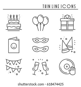 Party celebration thin line icons set. Birthday, holidays, event, carnival festive. Basic party elements icons collection. Vector simple linear design. Illustration. Symbols. Mask gifts cake