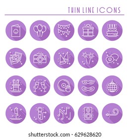 Party celebration thin line icons set. Birthday, holidays, event, carnival festive. Basic party elements icons collection. Vector simple linear design. Illustration. Symbols. Mask gifts cake firework