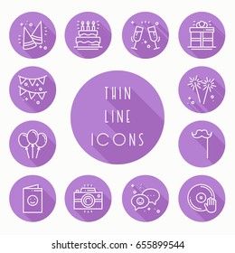 Party celebration thin line icons set. Birthday, holidays, event, carnival festive. Basic party elements icons collection. Vector simple linear design. Illustration. Symbols. Mask gifts cake