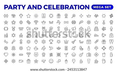 Party celebration thin line icons set. Birthdays, holidays, events, festive. Basic party elements collection. Vector simple linear design bundle of thirty happy birthday flat style and lettering.